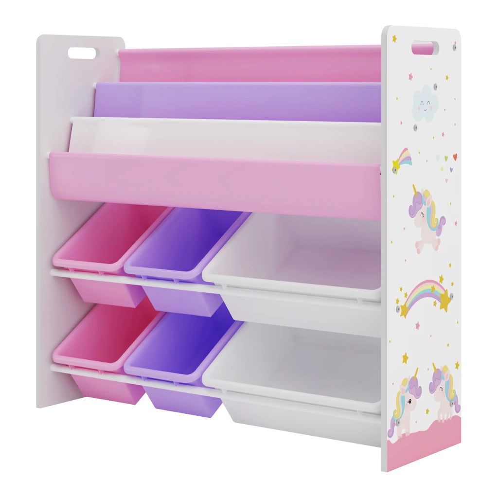 Scaffale dal design senza tempo per soggiorno camera da letto mobiletto per bambini con motivo unicorno 78 x 86 x 27 cm bianco viola rosa 03_0011213