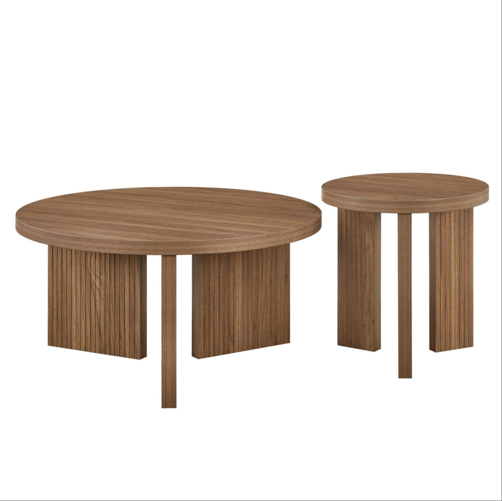 TAVOLINO DA CAFFÈ ROTONDO Set da 2 pezzi Noce MDF Struttura scanalata