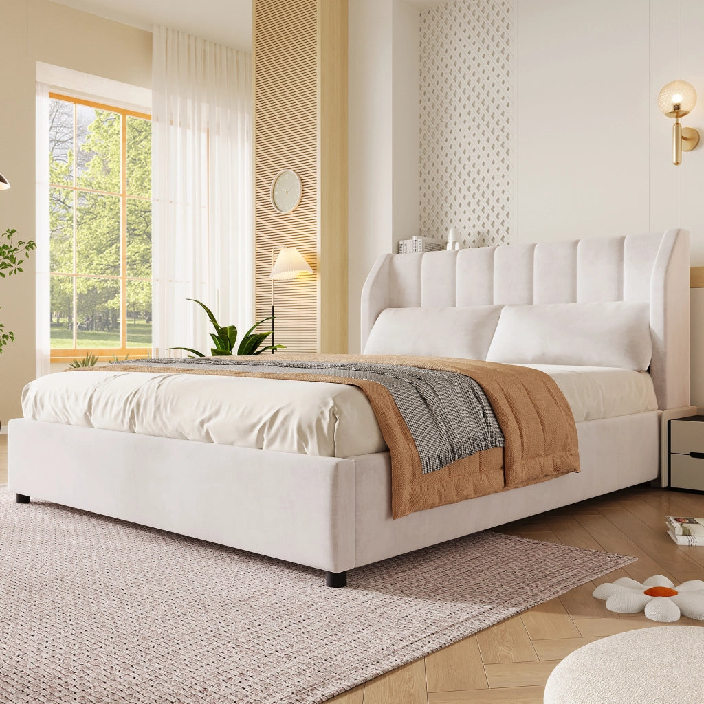Letto Matrimoniale 140 x 200 cm con rete a doghe; testiera imbottita e 2 cuscini Beige