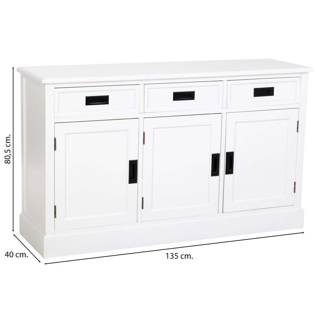 Credenza in legno bianco con 3 ante e 3 cassetti 135x40x80,5h cm