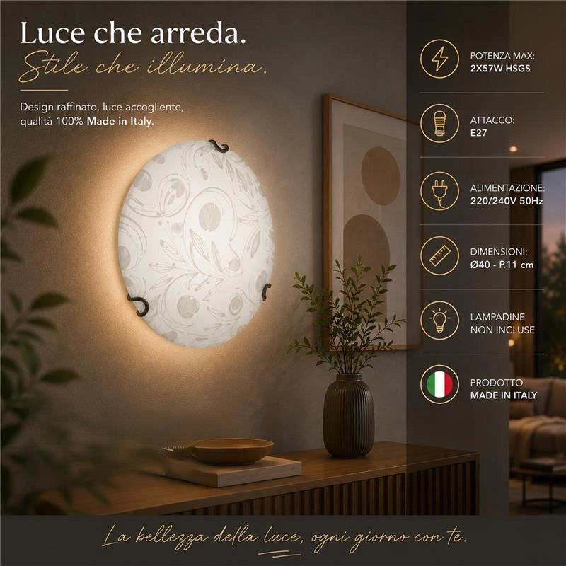 PLAFONIERA CLARA 2XE27 GANCI CROMO VETRO LASTRA BIANCO DECORATO GARDEN Ø40-P.11 CM