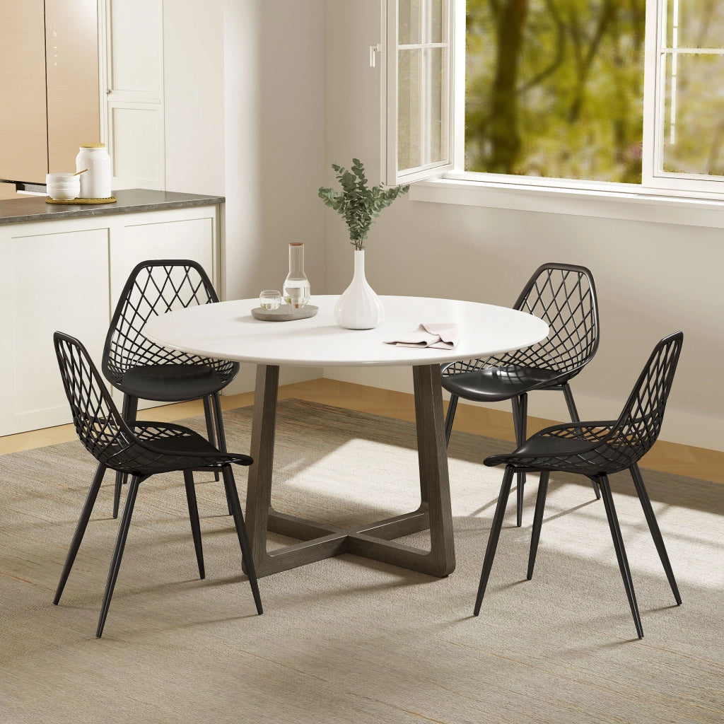 Set 4 Sedie da Pranzo Moderne con Schienale Traforato in Plastica e Gambe in Metallo, Nero