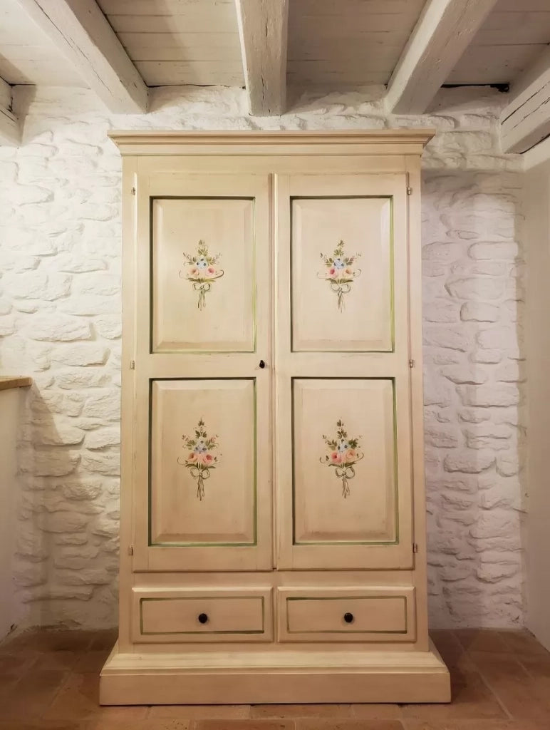 Armadio 2 porte in legno shabby avorio anticato verde decori 125x61x200 - Mobili 2G