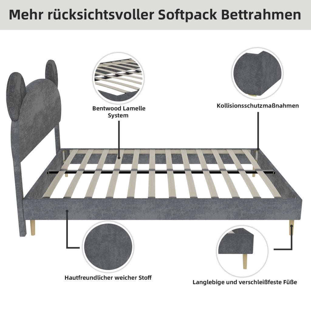 Letto per Bambini 140x200 cm; Letto Singolo - Testiera Orso; Angoli Arrotondati - Grigio