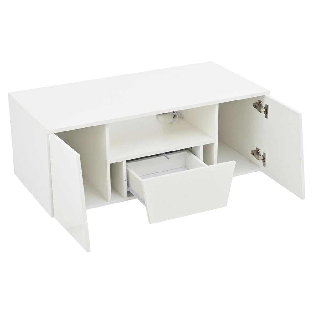 Tavolino da Caff¨¨ con LED e Cassetto ¨C MINIMAL ¨C Bianco Lucido, Design Moderno, 100x50x40