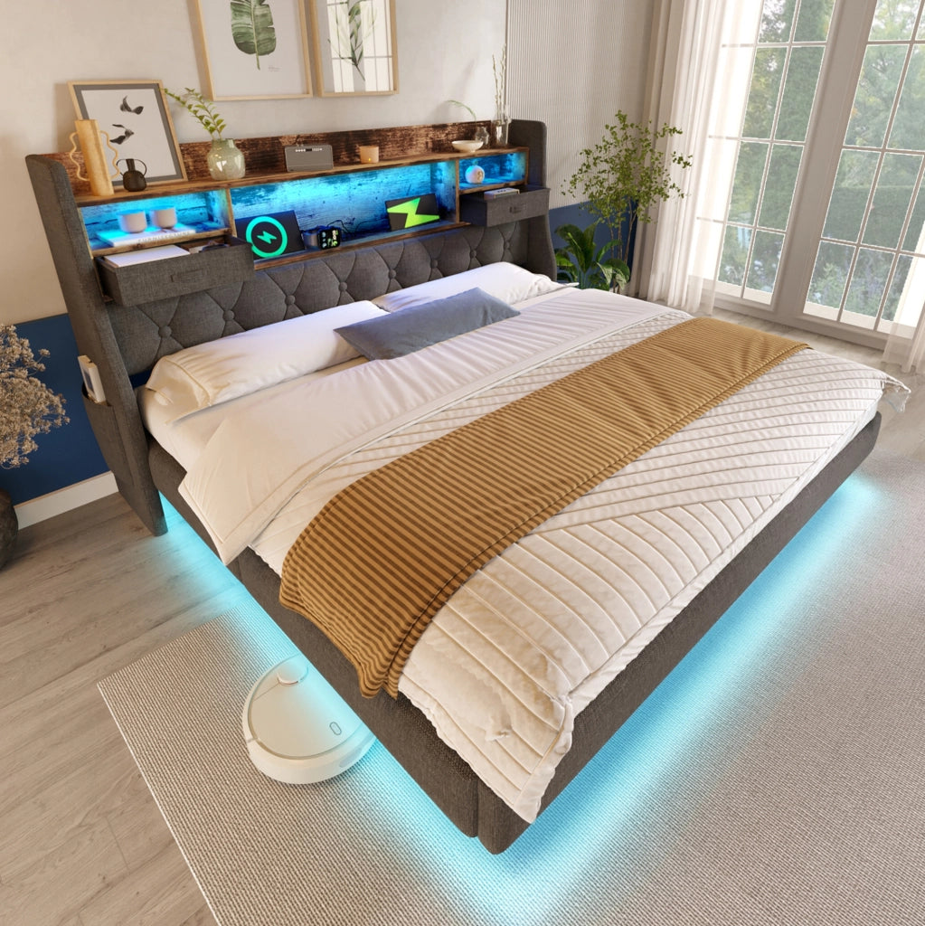 Letto matrimoniale 140x200 cm con LED; testiera con prese USB e Type-C; contenitore; lino grigio