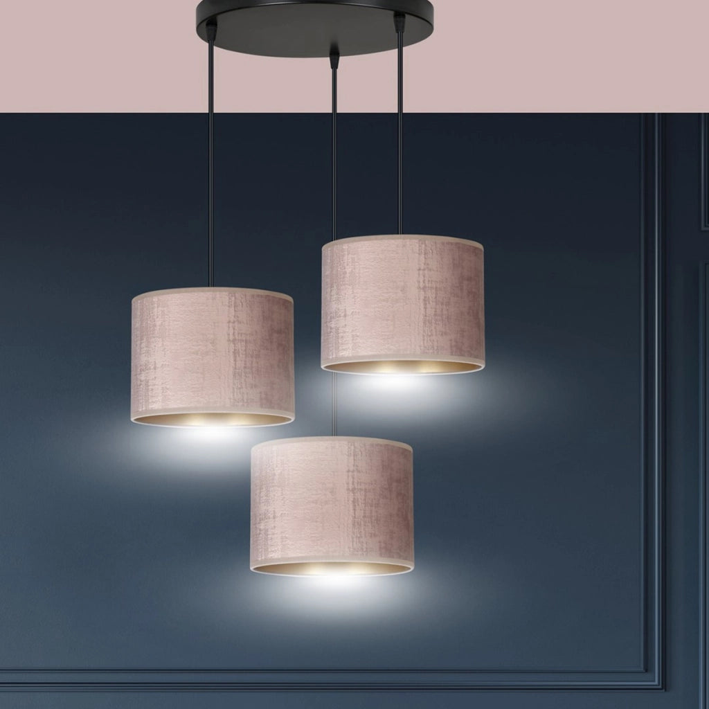 Set di lampade a sospensione Hilde in acciaio e velluto rosa