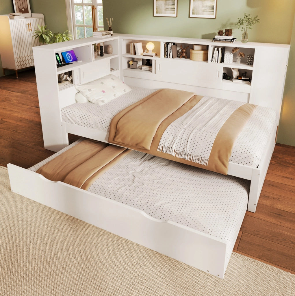 Letto piattaforma per bambini con letto estraibile, spazio contenitore e USB, Bianco