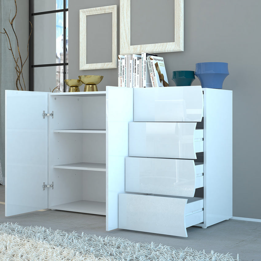 Mobile Moderno Multiuso 2 Anta 4 Cassetti Onda Bianco Lucido