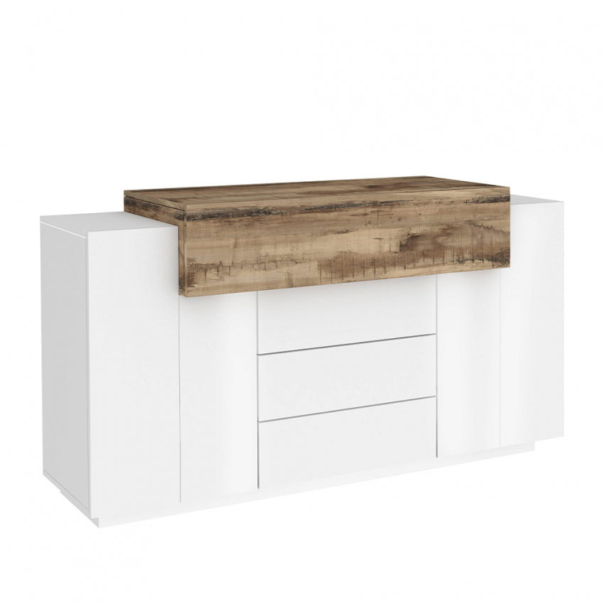 Mobile multiuso Coro Moderno: 2 ante battenti, 1 ribalta e 3 cassetti - Bianco lucido Acero Pereira