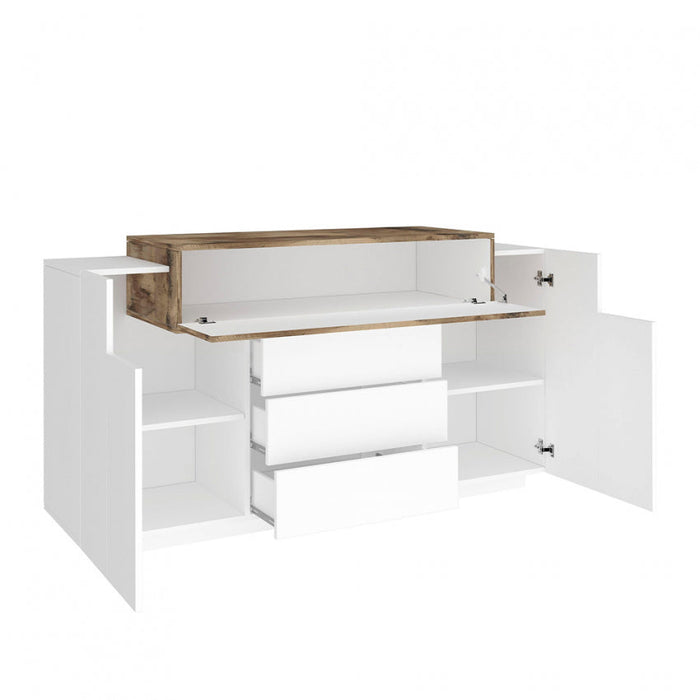 Mobile multiuso Coro Moderno: 2 ante battenti, 1 ribalta e 3 cassetti - Bianco lucido Acero Pereira