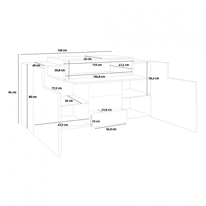 Mobile multiuso Coro Moderno: 2 ante battenti, 1 ribalta e 3 cassetti - Bianco lucido Acero Pereira