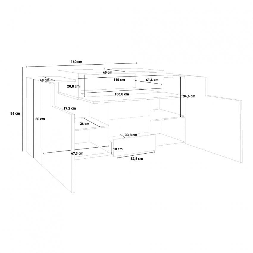 Mobile multiuso Coro Moderno: 2 ante battenti, 1 ribalta e 3 cassetti - Bianco lucido Acero Pereira
