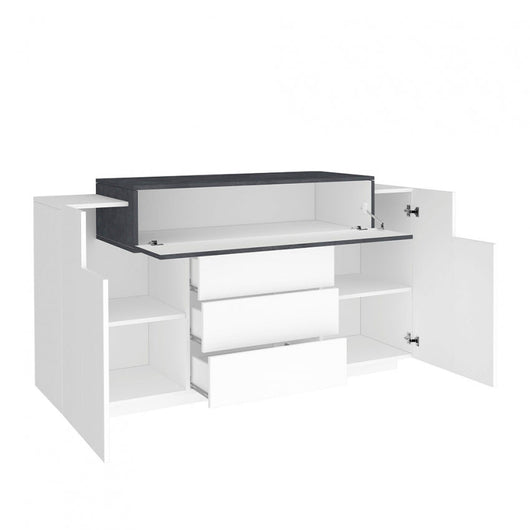 Mobile multiuso moderno CORO con 2 ante battenti, 1 ribalta e 3 cassetti - bianco lucido report