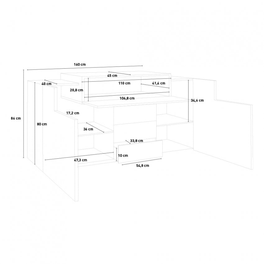 Mobile multiuso moderno CORO con 2 ante battenti, 1 ribalta e 3 cassetti - bianco lucido report