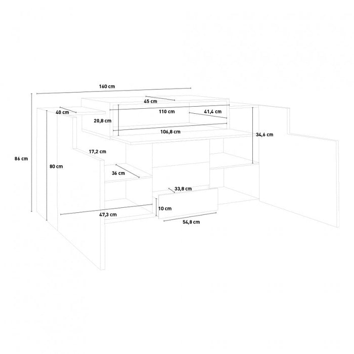 Mobile multiuso moderno CORO con 2 ante battenti, 1 ribalta e 3 cassetti - bianco lucido report