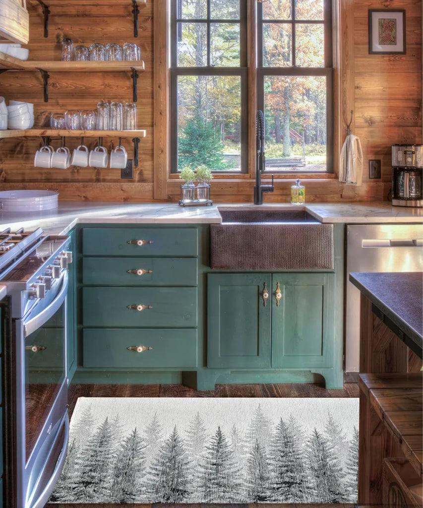 Tappeto moderno ABETI GRIGIO NERO disegno foresta aghifoglie di montagna, passatoia cucina multiuso lavabile in lavatrice e anti-scivolo cm.55x115