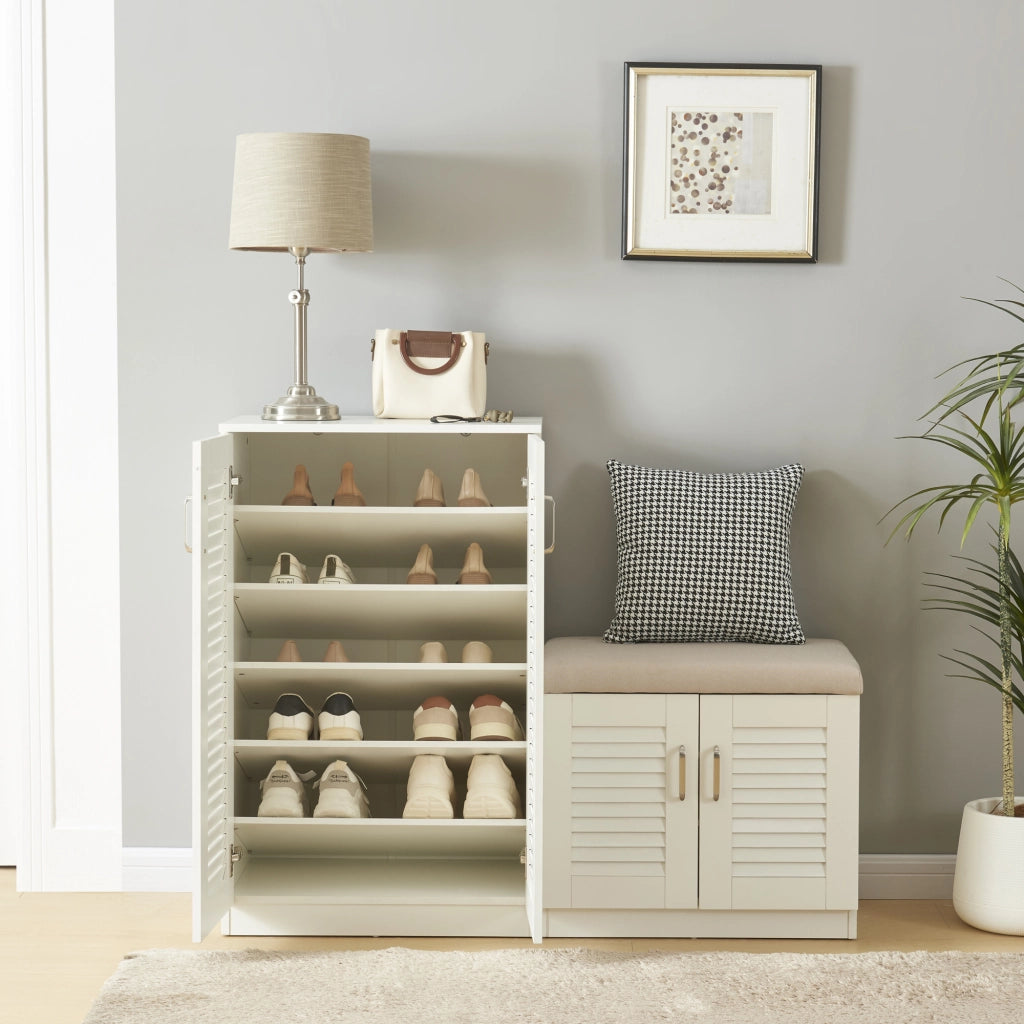 Set Løten di Armadio Scarpiera e Panca 97 x 120 x 36 cm Bianco [en.casa]