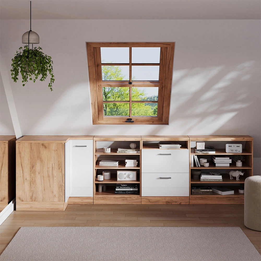 Mobile sottotetto Mobile angolare Rion Bianco lucido/Rovere dorato 75.6 x 83.8 cm con 1 porta, carcassa dell’armadio profondità 60 cm Vicco