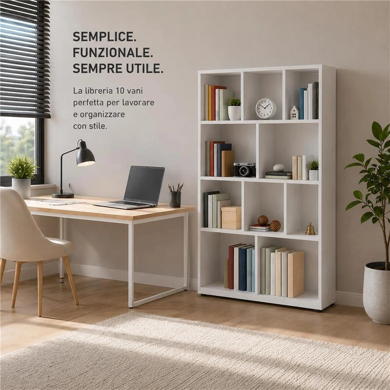 LIBRERIA MODERNA IN LEGNO BIANCO CON 10 RIPIANI SFALSATI DIMENSIONI 90X30X140 CM
