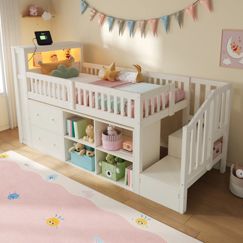 Letto a soppalco 90x200 cm con scala; contenitori; USB e LED; bianco