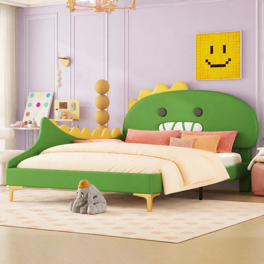 DESMIU Letto Bambini 140 × 200 cm 2 Posti con Testiera a Dinosauro, Senza Materasso, in PU e MDF, Verde