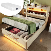 Letto singolo 90x200 cm in lino beige con LED; contenitore idraulico; USB e materasso