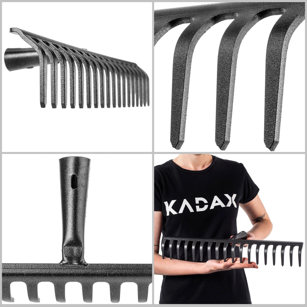 Rastrello per foglie in acciaio KADAX a 18 denti, senza manico, per terra ed erba.
