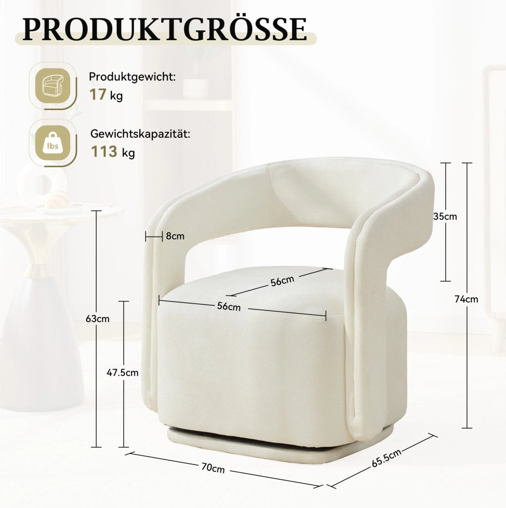Poltrona girevole 360° in ciniglia bianca, design Barrel Chair