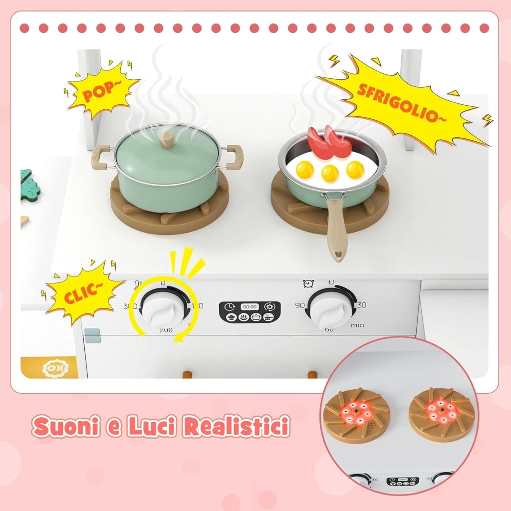Cucina Giocattolo Angolare in Legno, Set di Cucina Giocattolo per Bambini con Lavabo, Fornelli, Forno, Frigorifero, Macchina del Ghiaccio e Accessori, per Bambini 3 Anni+ (Bianco)