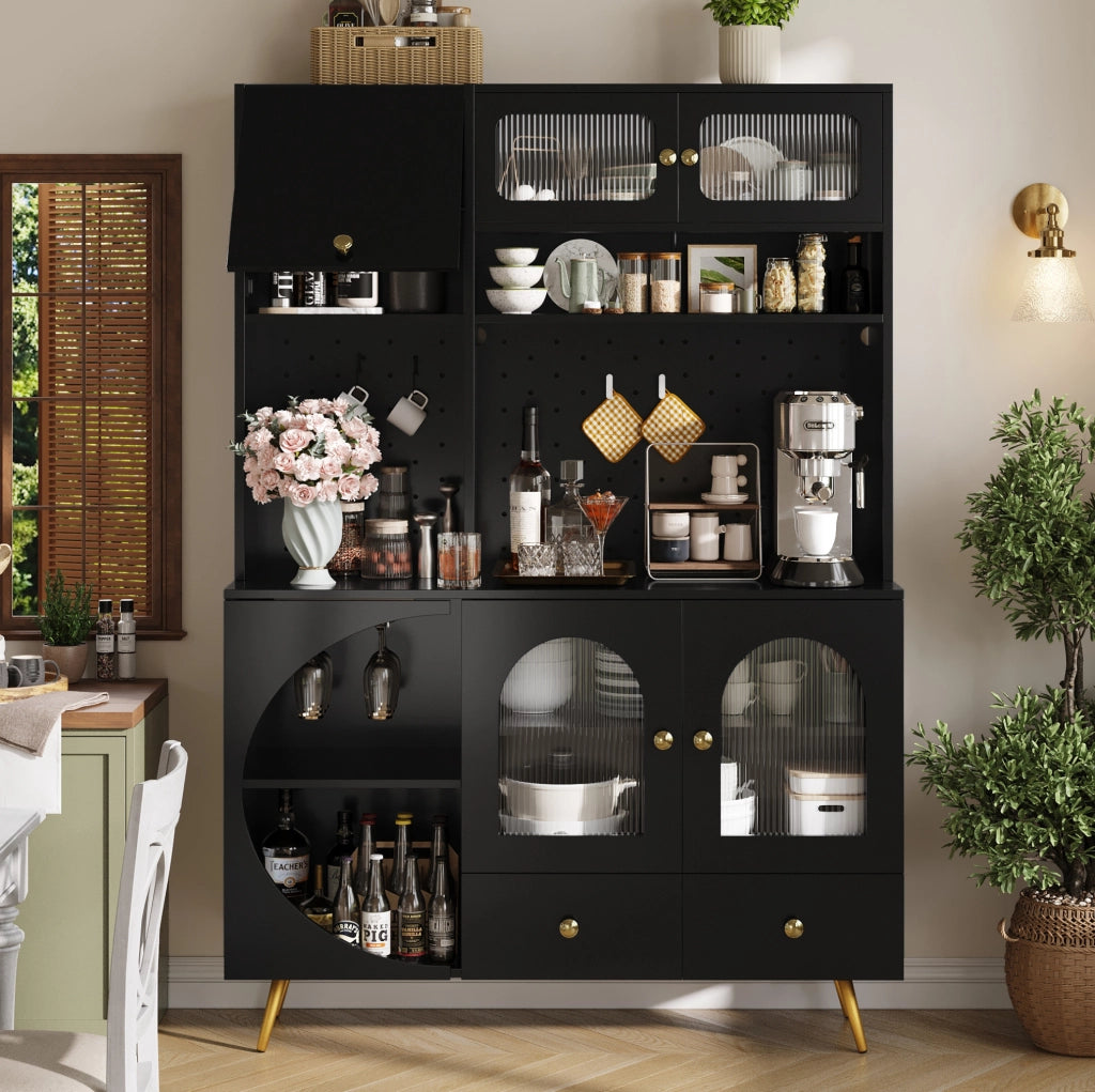 Mobile alto da cucina con LED, prese USB e AC, 120x40x176 cm, ripiani e anta ribalta, nero