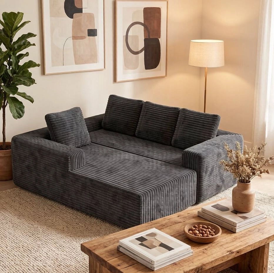 Divano modulare a L con chaise longue reversibile; 2 moduli; velluto a coste grigio