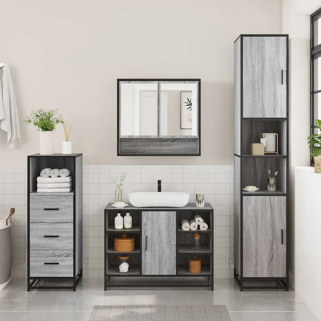 Set Mobili da Bagno 3 pz Grigio Sonoma in Legno Multistrato
