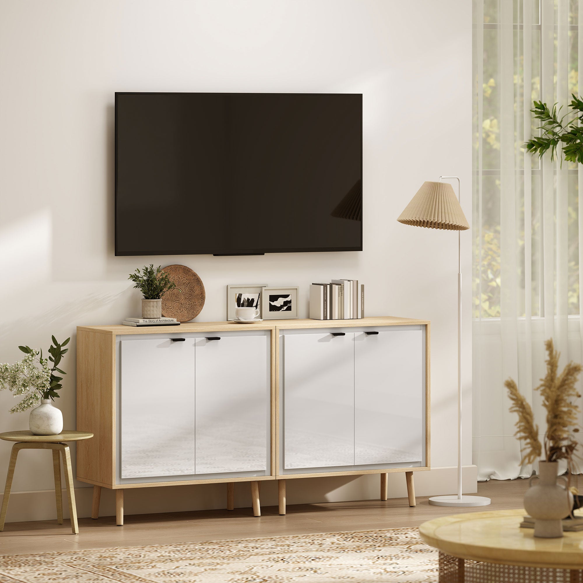 Credenza Moderna 72x35x77 cm a 2 Ante con Ripiano Regolabile Bianco Lucido e Rovere