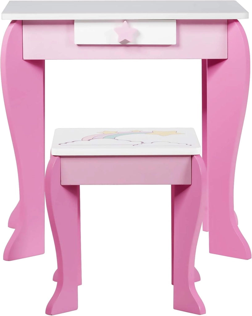 Set di Specchiera e Sgabello per Bambini, Tavolo da Trucco Giocattolo in Legno con Cassetto, Ideale Regalo per Ragazze di 3-7 Anni, con Portata di 15kg, 49x35,5x89cm (Rosa)