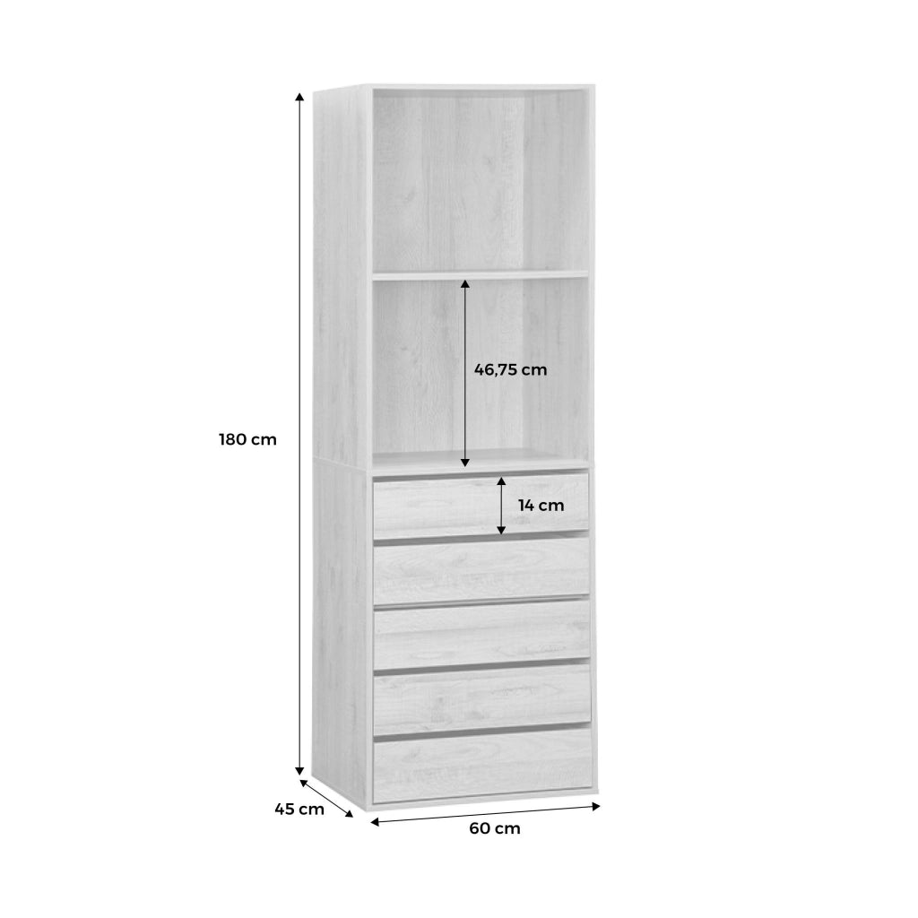 Modulo armadio con 5 cassetti e 2 ripiani, noce