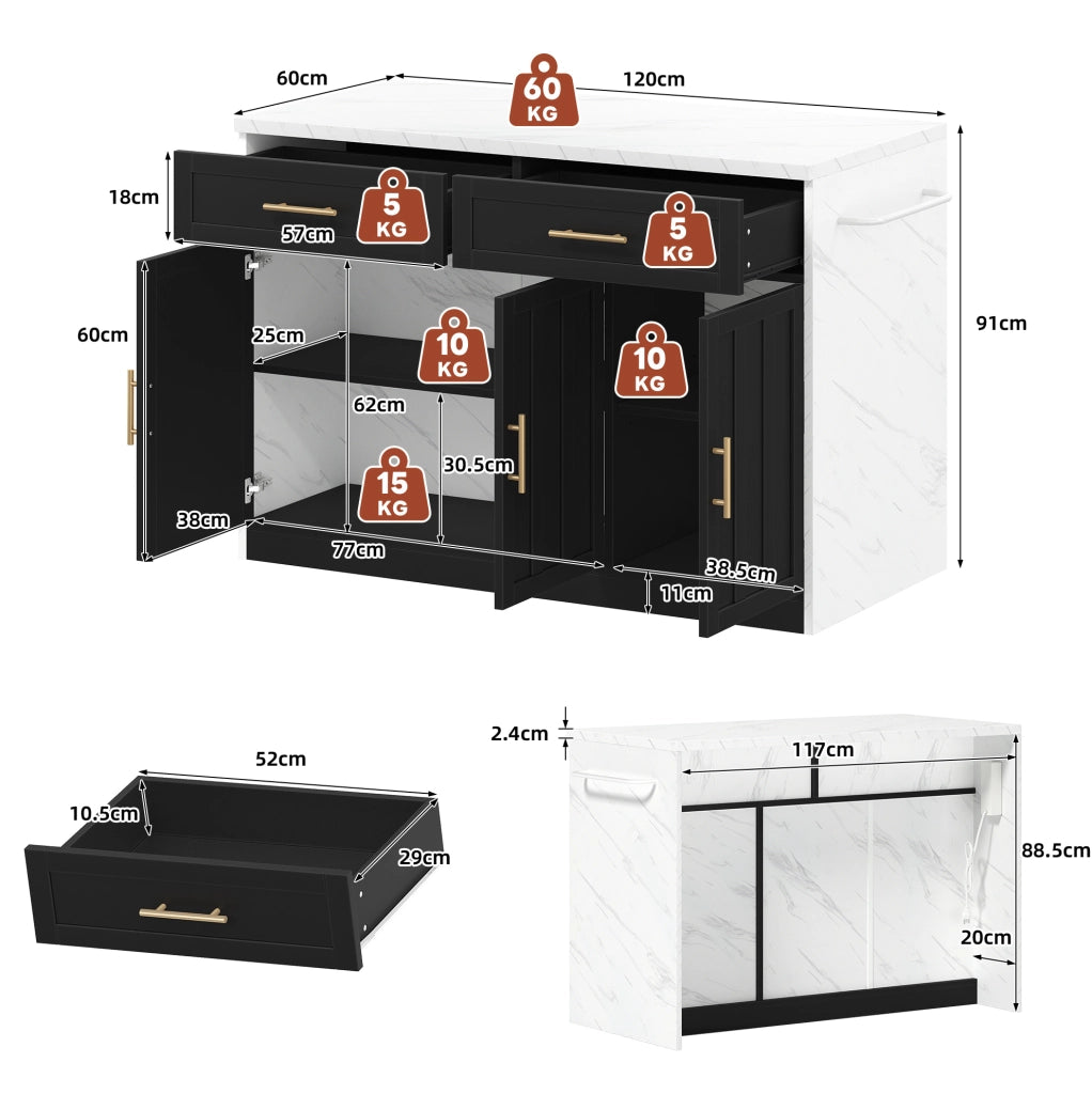 Isola da cucina 120x60x91 cm con zona bar; MDF; nero