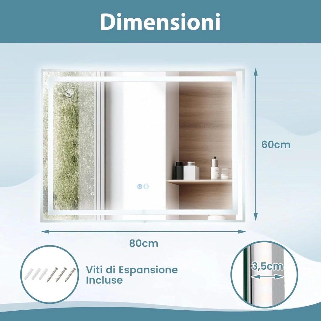 Specchio da Parete 80 x 60cm, Specchio da Bagno Rettangolare con Luce Led a 3 Colori, Interruttore Touch, Funzione Antivapore e Memoria, IP44