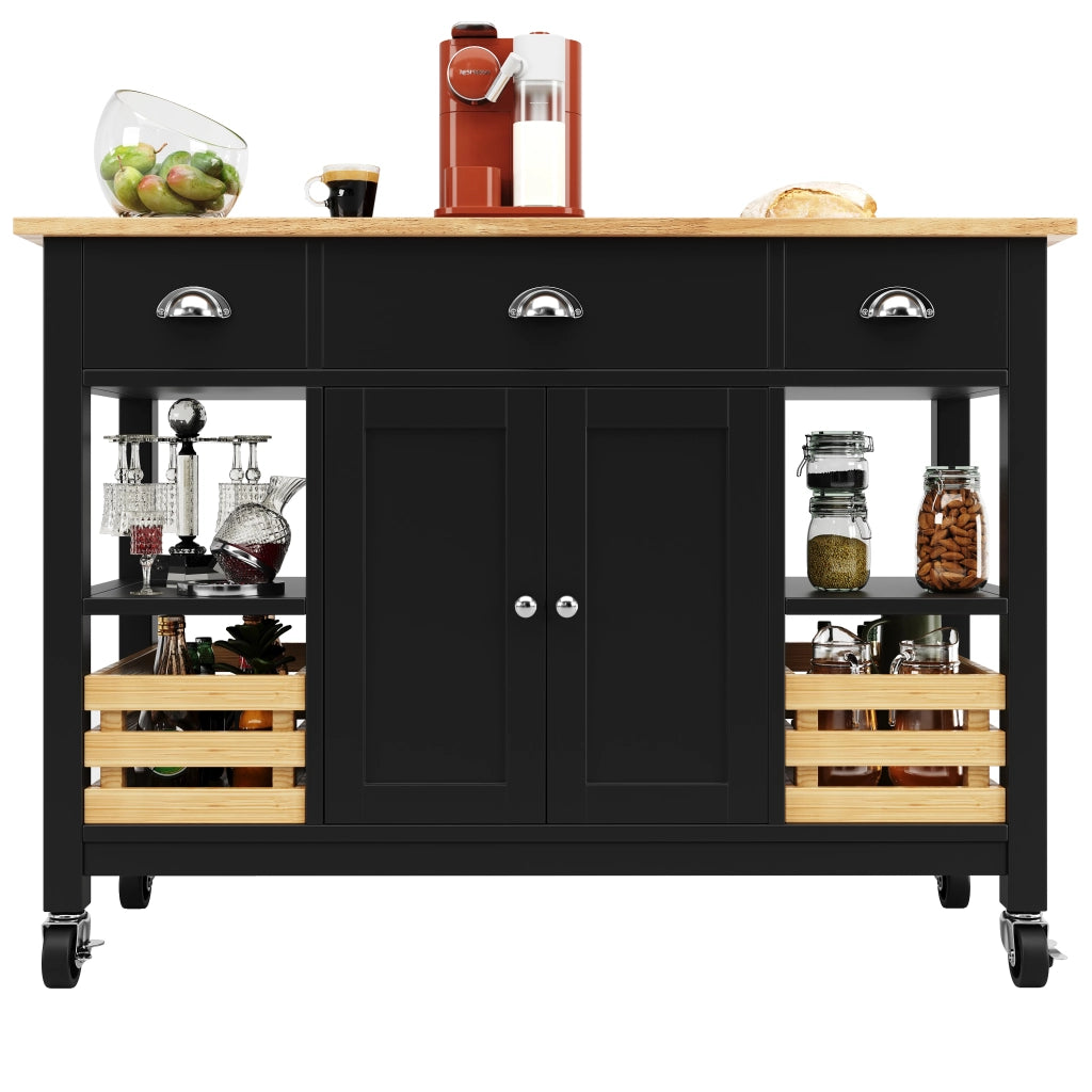 Carrello da Cucina con 1 Cassetto; 1 Anta; Piano Pieghevole e Ruote in MDF 120 x 45 x 90 cm Nero Naturale