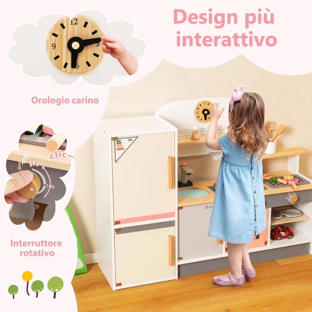 Cucina Giocattolo per Bambini, Set da Cucina in Legno con Cappa Aspirante e Frigorifero Realistici, con Utensili da Cucina in Legno, per Bambini 3+ Anni