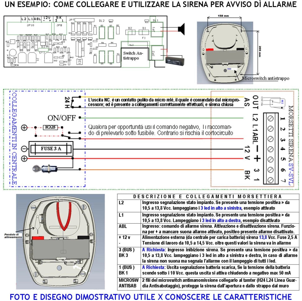 Sirena Esterna Lampeggiante a Led Melodia Binota Frequenza A/B 1724 ± 2475 Hz 115 dB Comando Allarme Caduta Polarità Batteria 12 V 2 Ah Due Segnalazioni Stato Alimentazione 12 Vcc Assorbimento 1,4 Ah