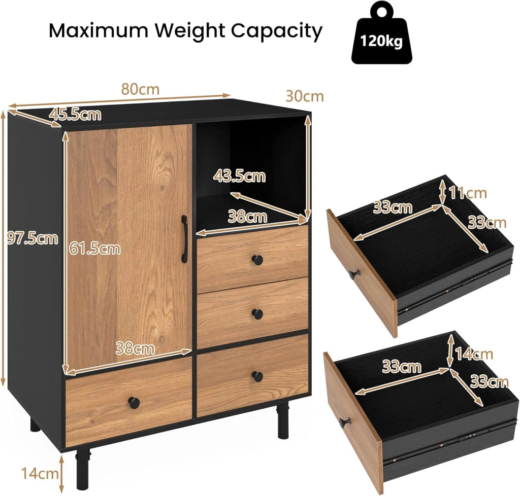 Credenza da Cucina con Ante e Cassetti, Mobile Cucina Dispensa con Gambe in Metallo, Mobile Buffet per Soggiorno, Sala da Pranzo, Corridoio, 80 x 45,5 x 97,5 cm (Nero)