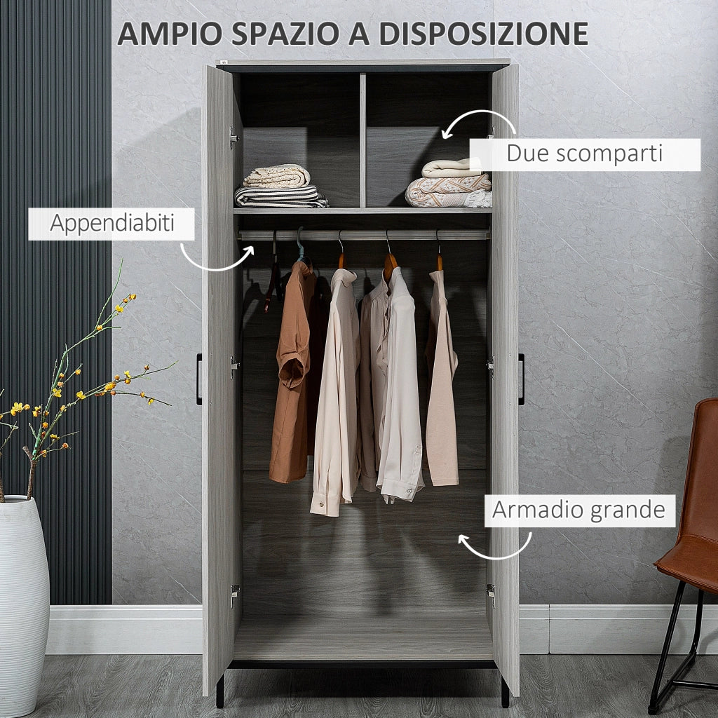 Easycomfort Armadio Guardaroba 2 Ante con Scomparti e Barra Appendiabiti 80x50x179cm, Grigio