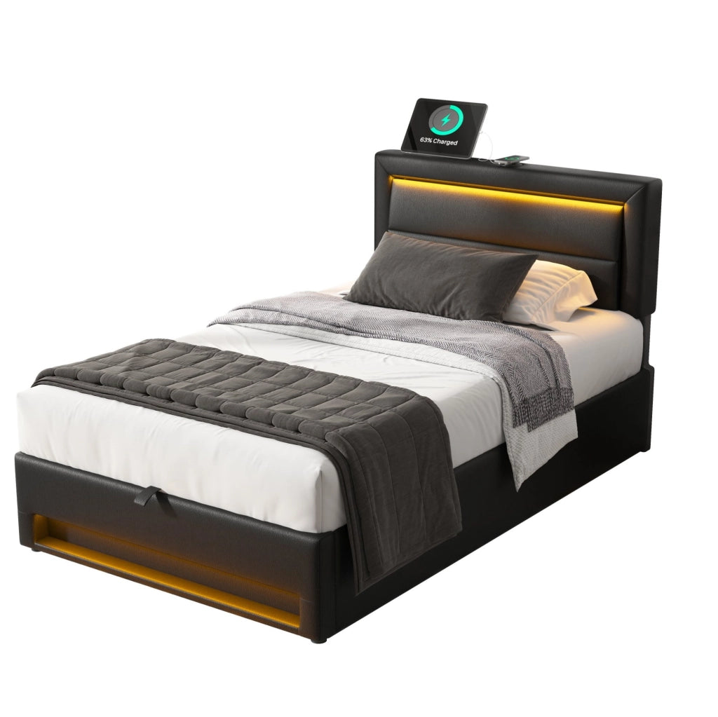 Letto imbottito 90x190 cm in PU nero con USB; LED; contenitore e rete a doghe