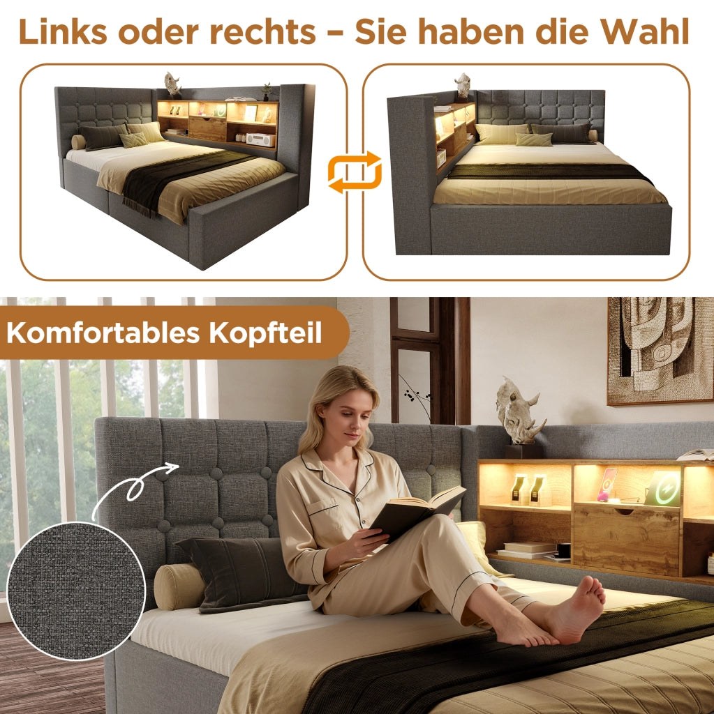 Letto matrimoniale 140x200 con LED, ricarica USB e materasso