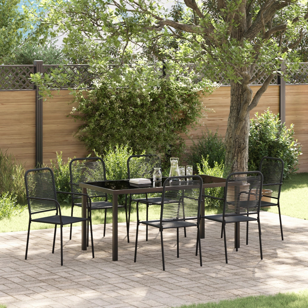 Set da pranzo da giardino 7 pezzi Nero Corda di cotone e acciaio