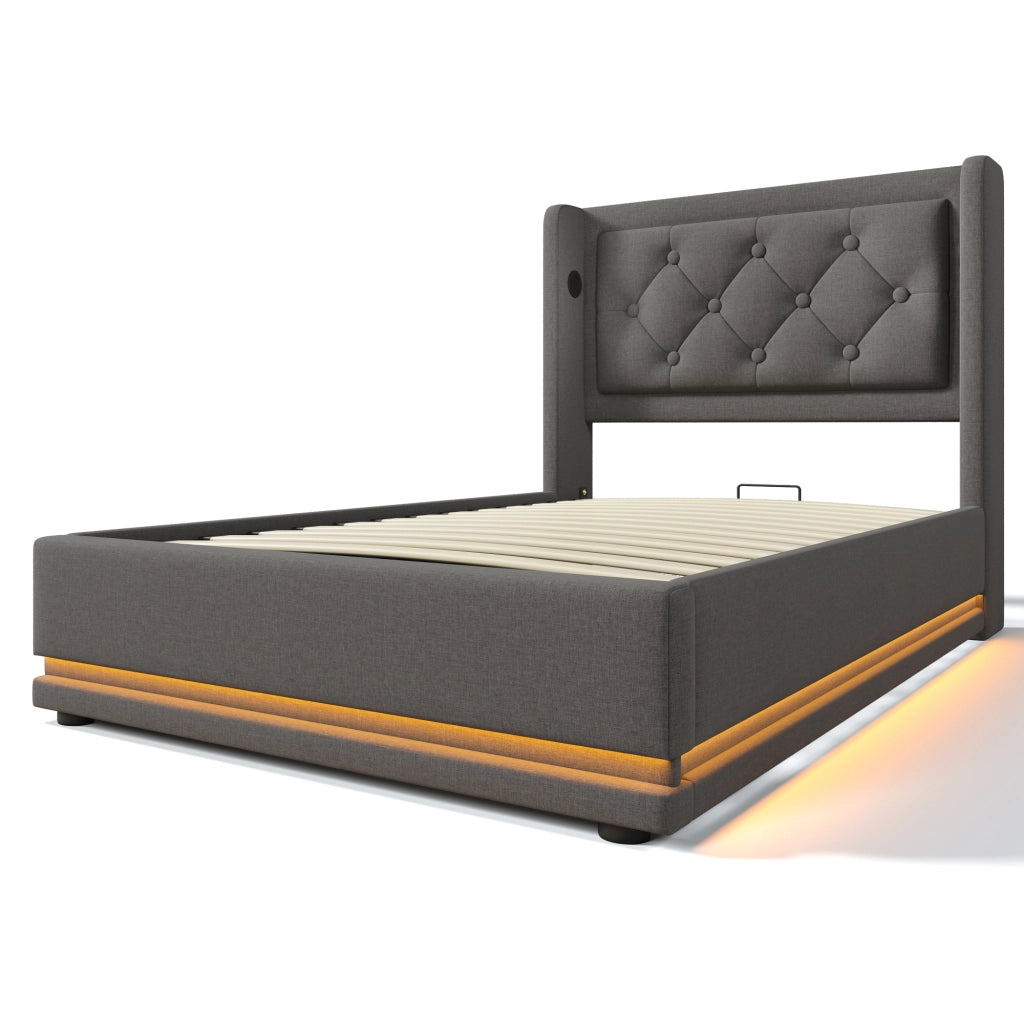 Letto contenitore matrimoniale 90x200 cm in cotone grigio con testiera USB Tipo-C e LED a 3 lati