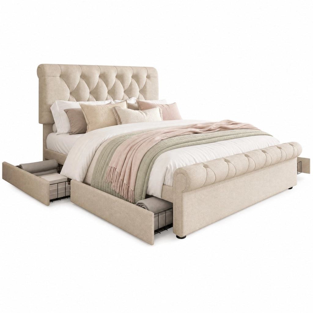 Letto matrimoniale imbottito 140x200 cm con 4 cassetti, testiera regolabile, colore naturale