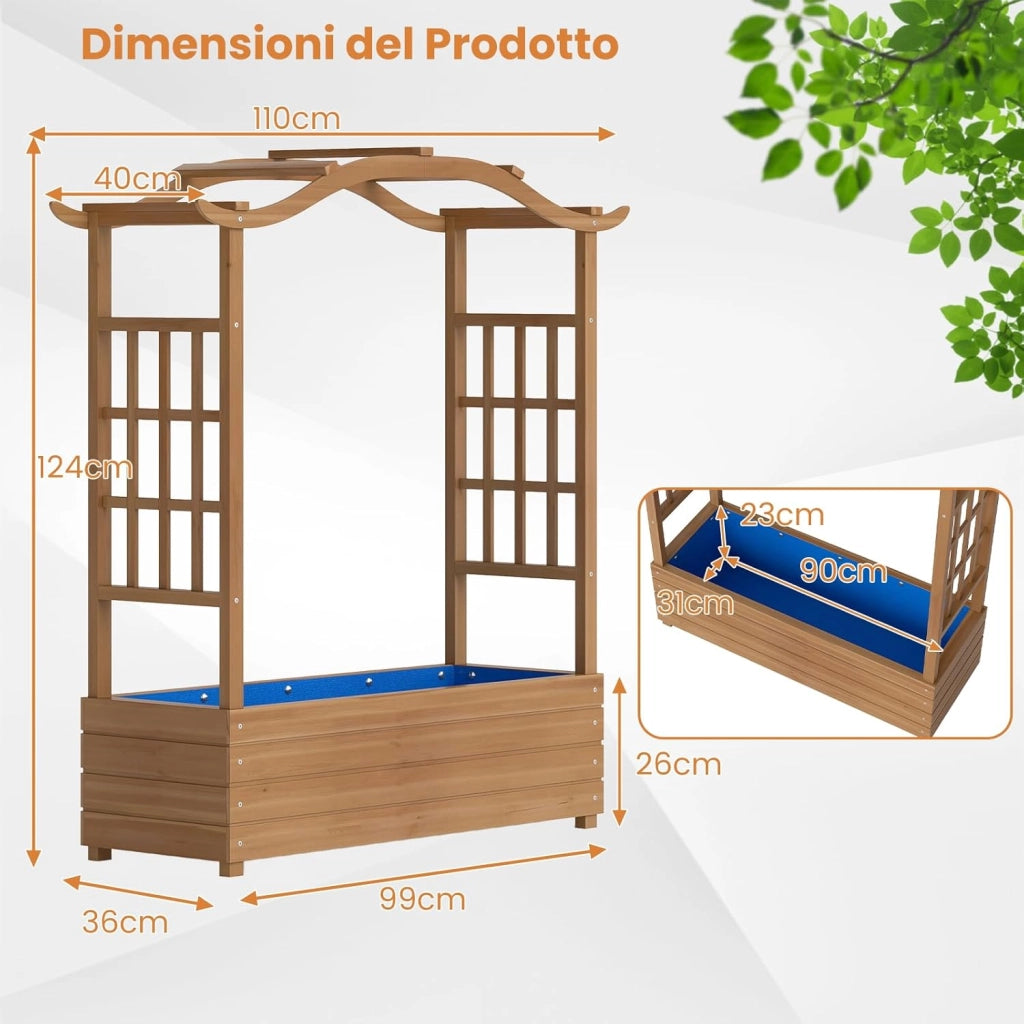 Letto da Giardino Rialzato, Fioriera in Legno con Tetto Sospeso, 2 Tralicci Laterali, Contenitore Inferiore, per Fiori, Verdure e Piante Rampicanti, Aiuola Elevata per Giardino e Terrazzo