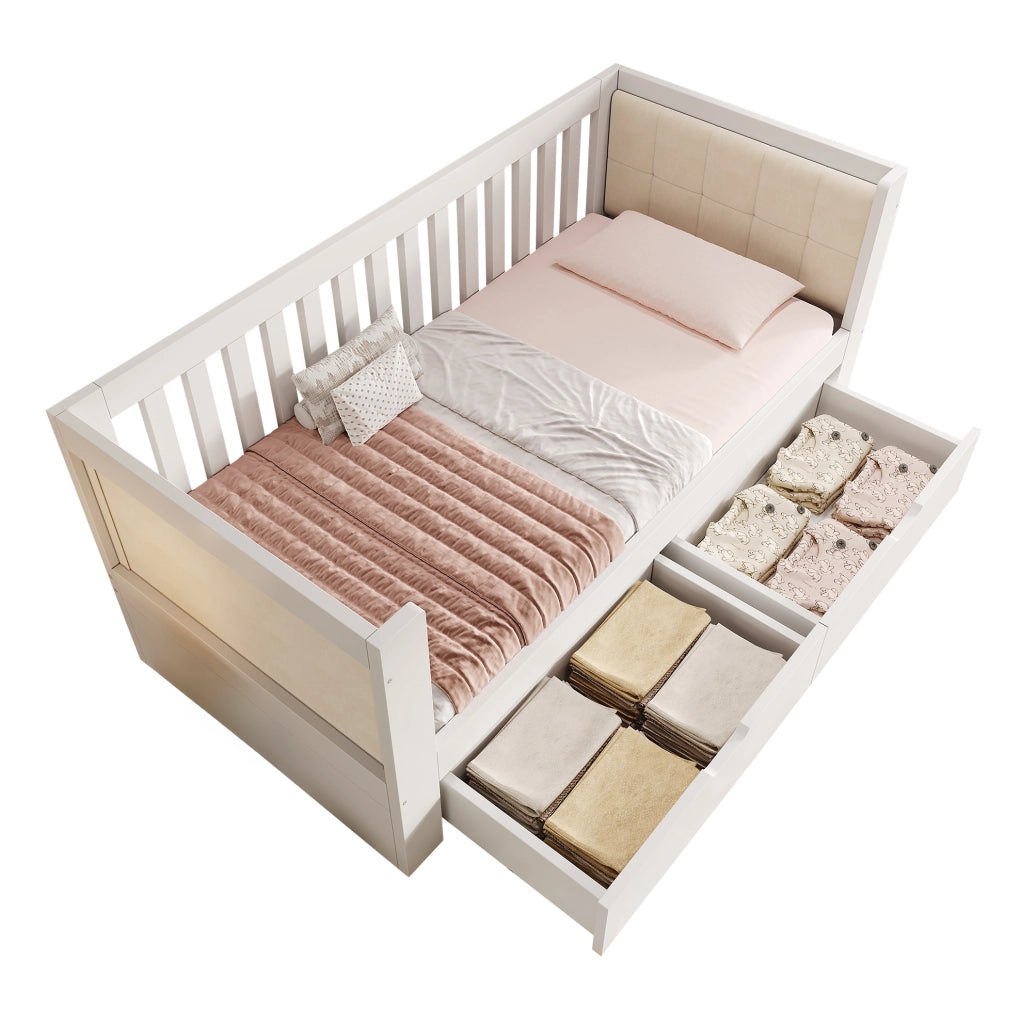 Letto singolo in legno con 2 cassetti e schienale imbottito, bianco 90x200 cm
